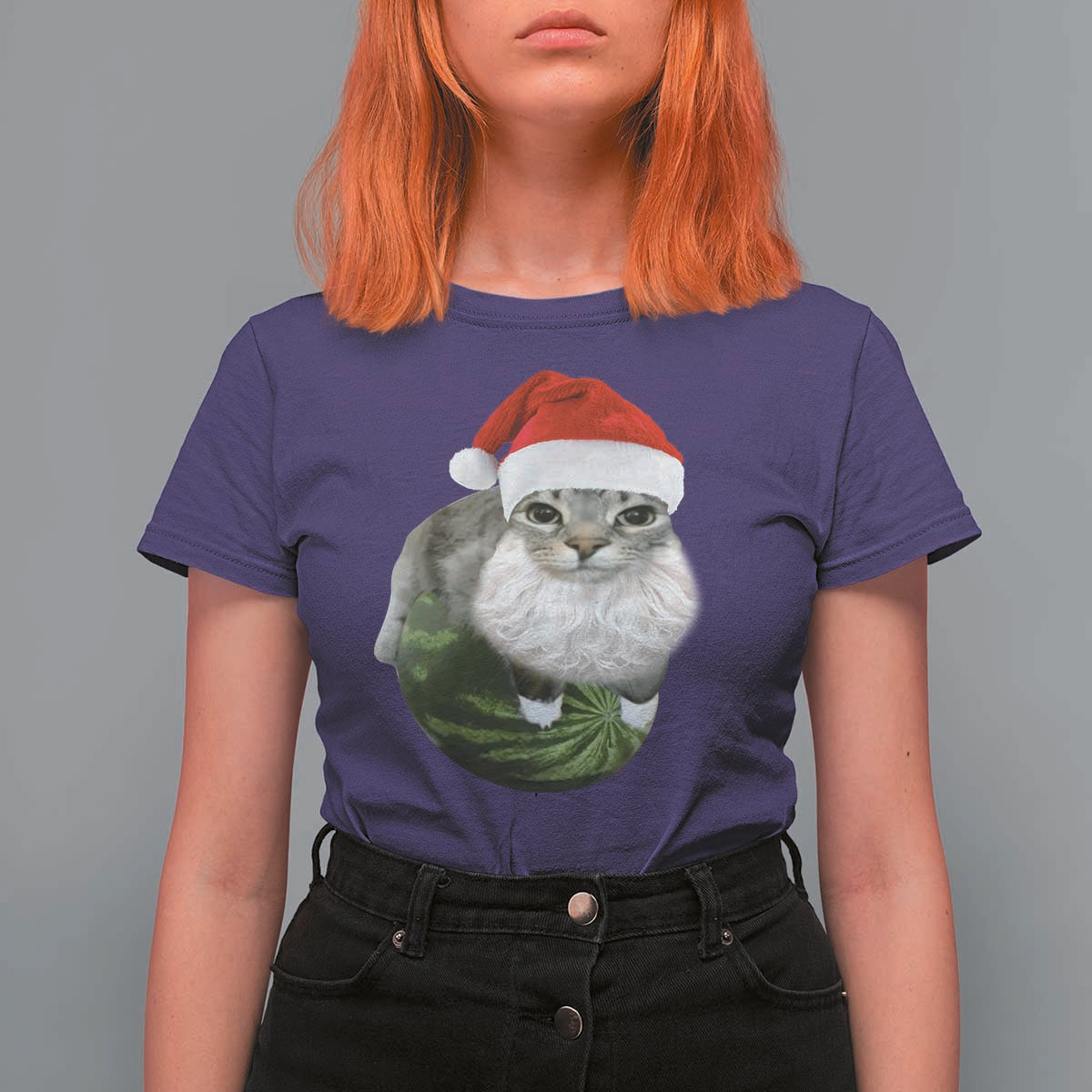 Watermelon Cat Christmas T Shirt For Women Funny Silly Kitten Meme - Wonder Print Shop