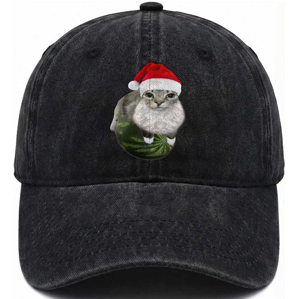 Watermelon Cat Christmas Washed Cotton Baseball Cap Funny Silly Kitten Meme