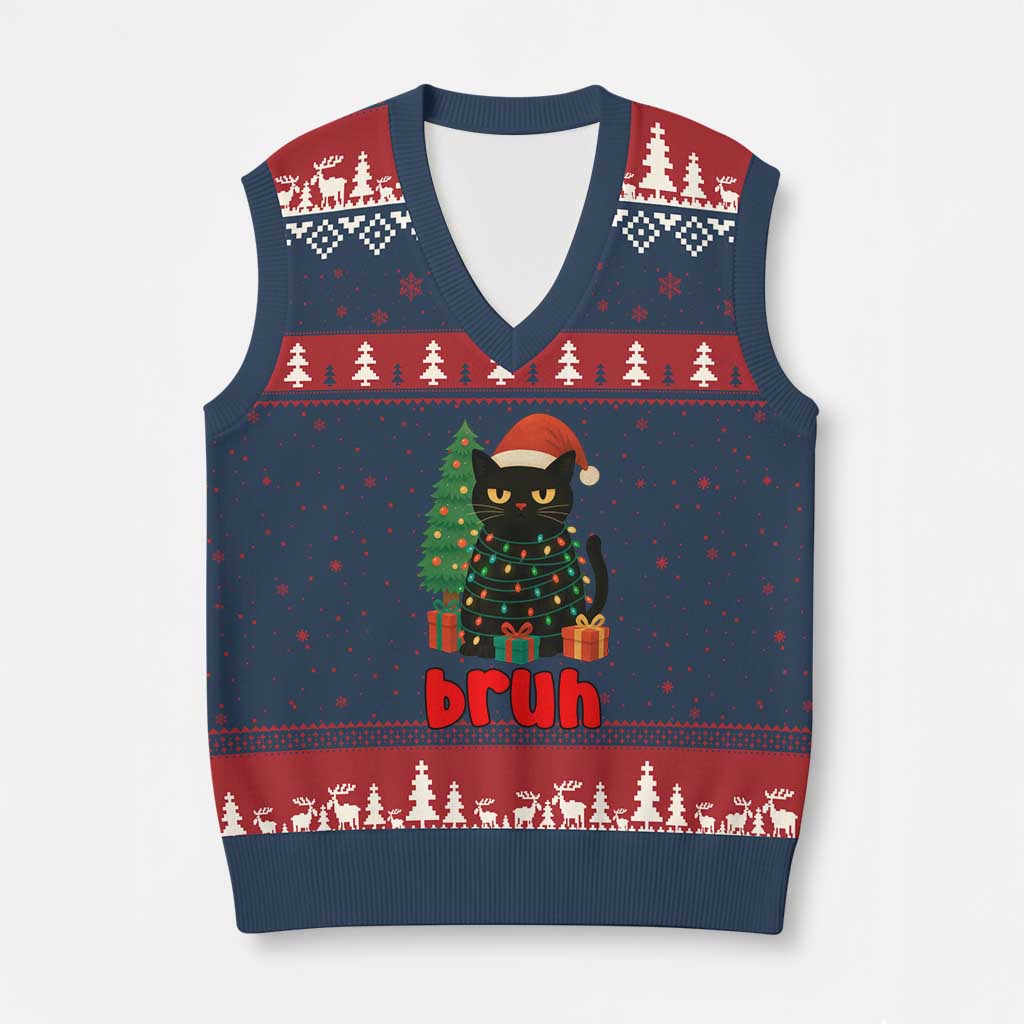 Funny Cat Bruh Xmas V-Neck Knit Sweater Vest Silly Meme Kitty Xmas - Wonder Print Shop