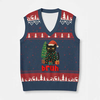 Funny Cat Bruh Xmas V-Neck Knit Sweater Vest Silly Meme Kitty Xmas - Wonder Print Shop