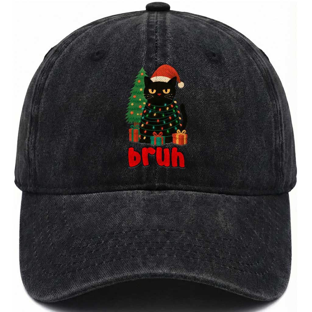 Funny Cat Bruh Christmas Washed Cotton Baseball Cap Silly Meme Kitty Xmas