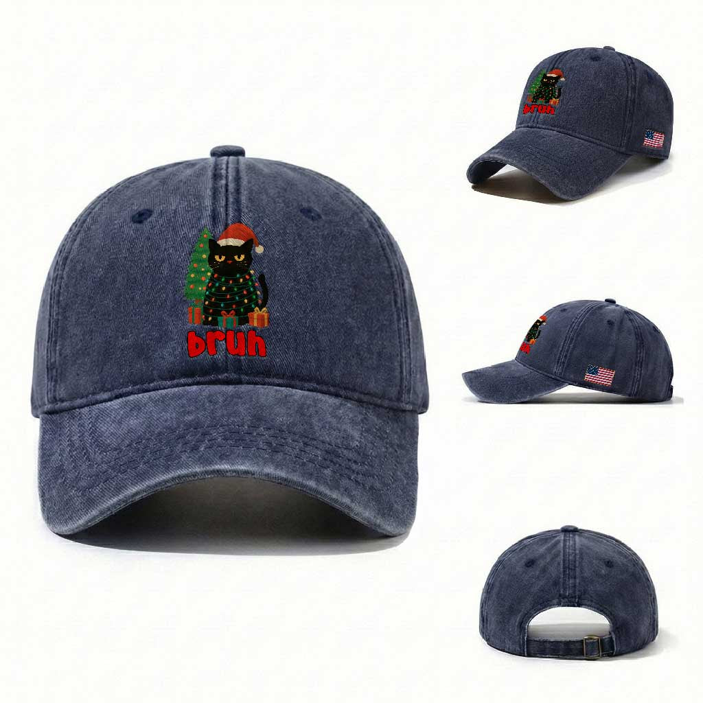 Funny Cat Bruh Christmas Washed Cotton Baseball Cap Silly Meme Kitty Xmas