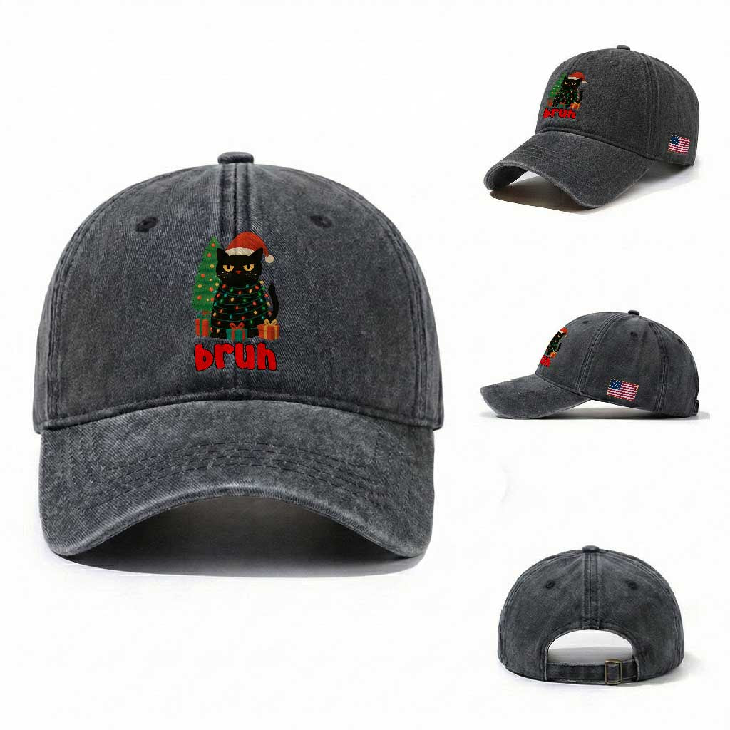 Funny Cat Bruh Christmas Washed Cotton Baseball Cap Silly Meme Kitty Xmas
