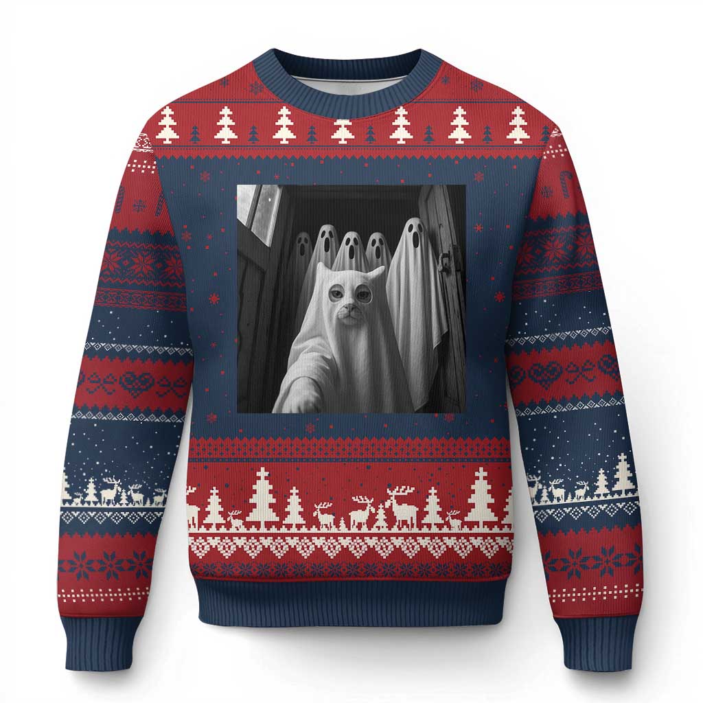 Funny Ghost Cat Halloween Meme Ugly Christmas Sweater - Wonder Print Shop