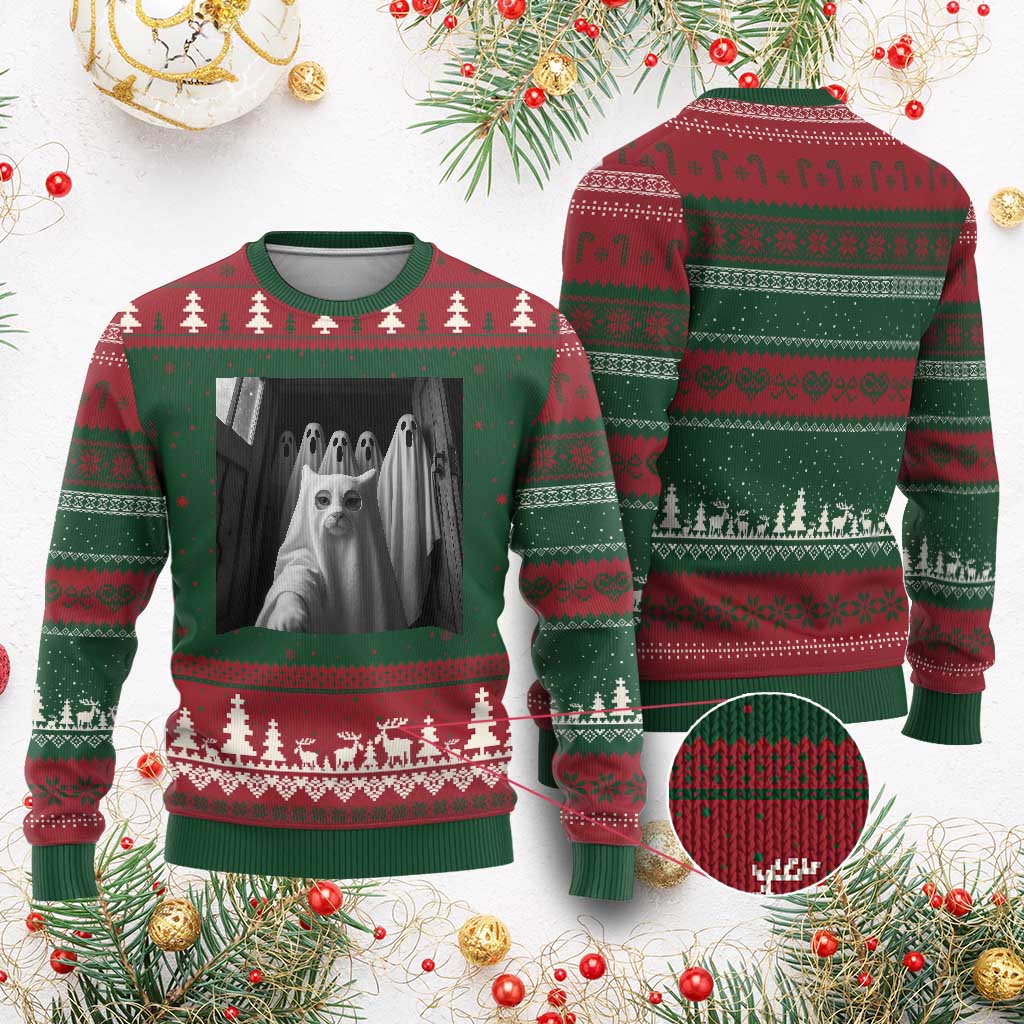Funny Ghost Cat Halloween Meme Ugly Christmas Sweater - Wonder Print Shop