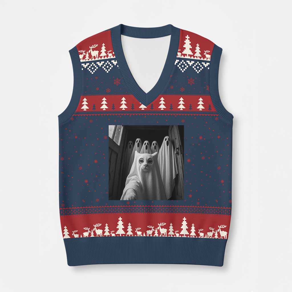 Funny Ghost Cat Halloween Meme V-Neck Knit Sweater Vest - Wonder Print Shop