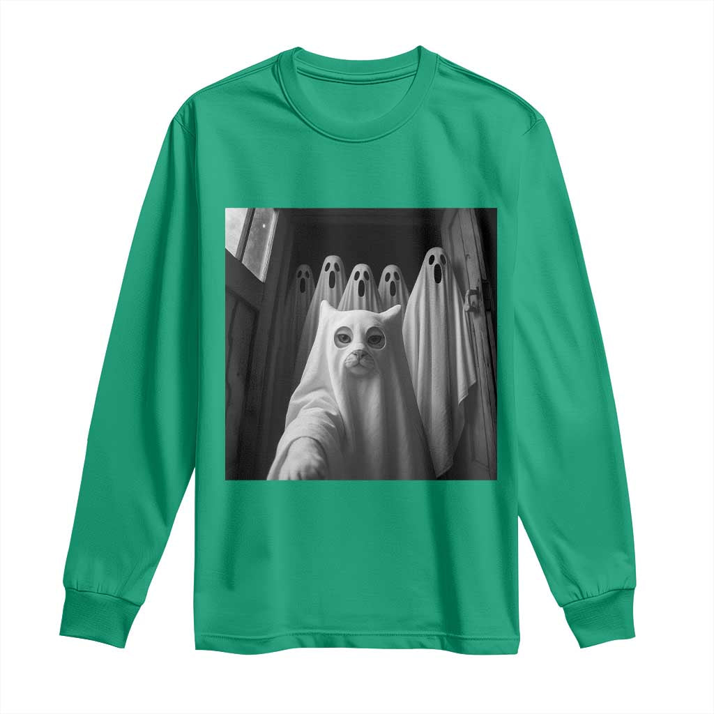 Funny Ghost Cat Halloween Meme Long Sleeve Shirt - Wonder Print Shop