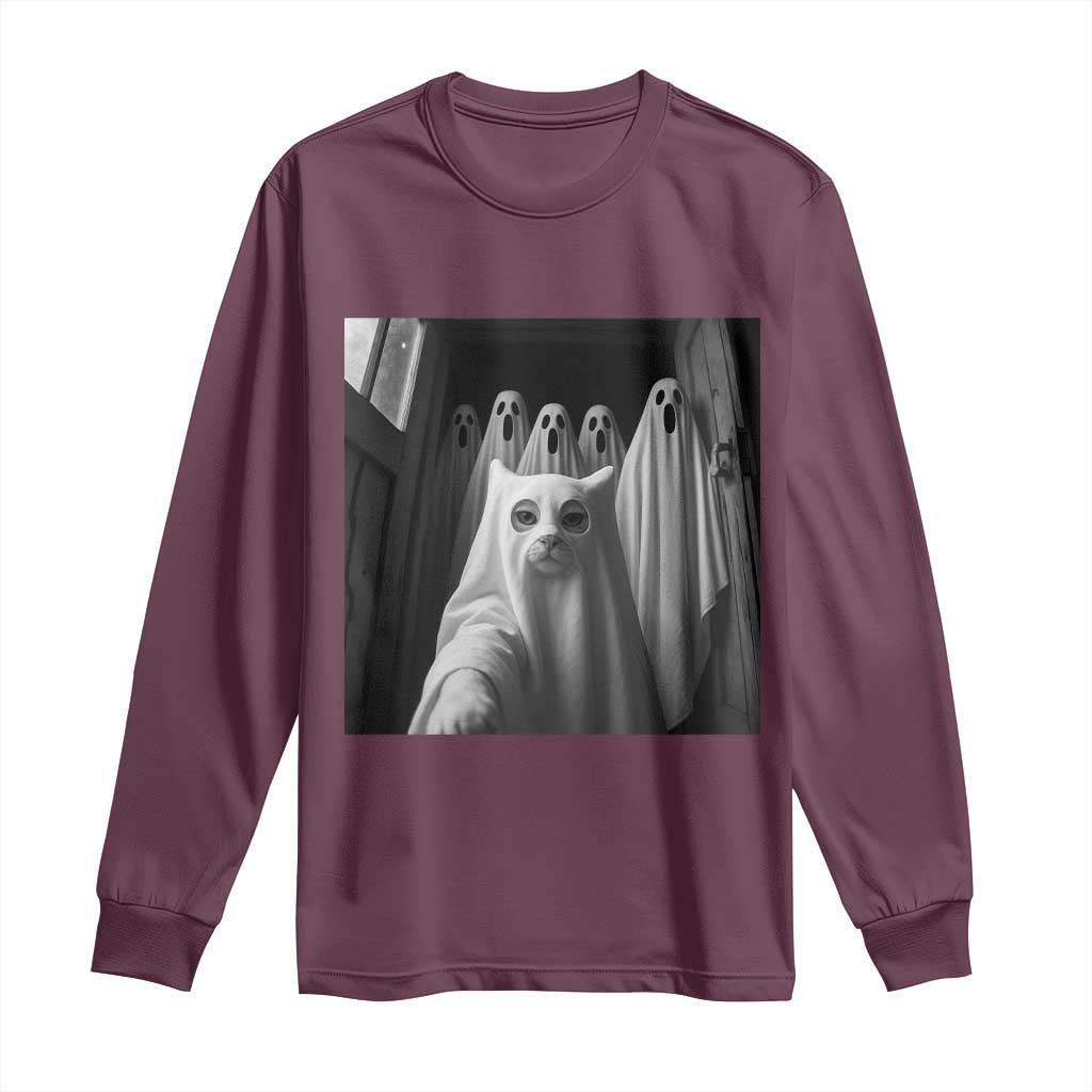 Funny Ghost Cat Halloween Meme Long Sleeve Shirt - Wonder Print Shop