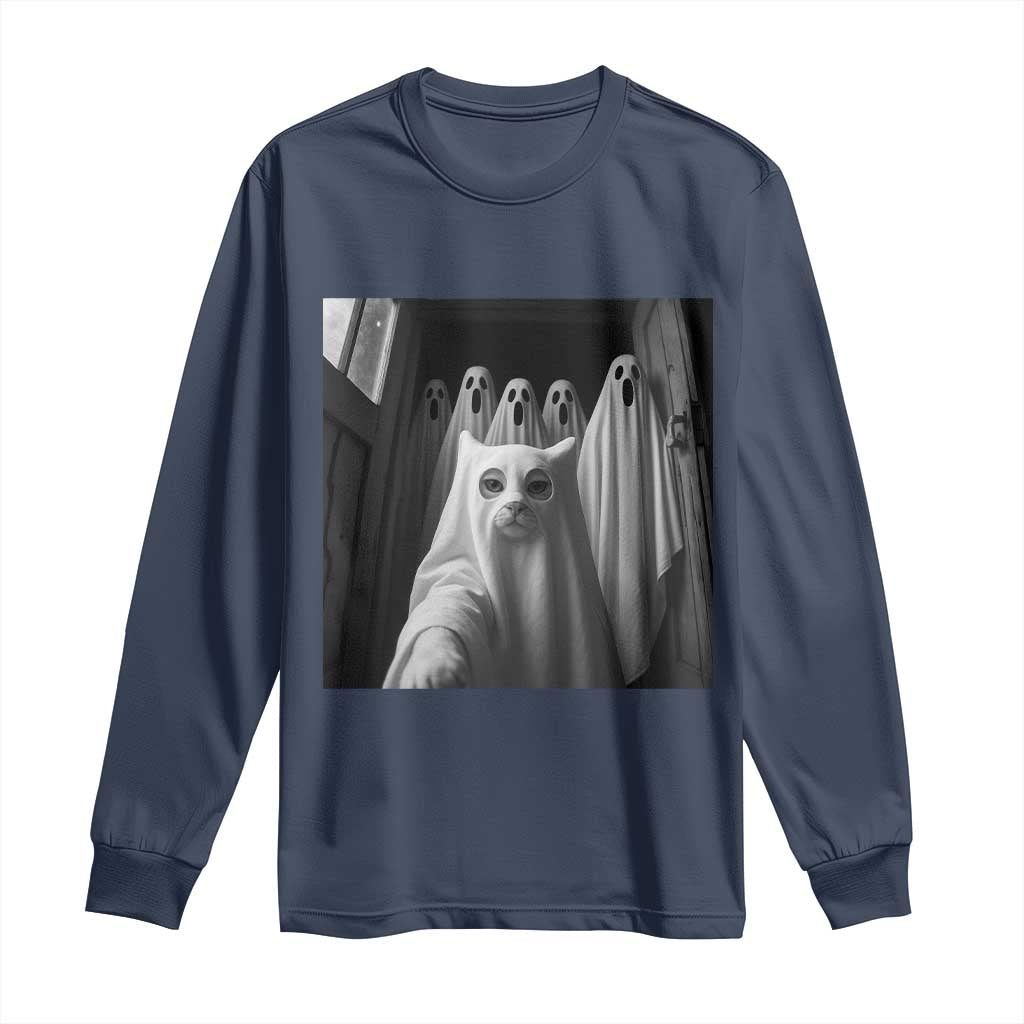 Funny Ghost Cat Halloween Meme Long Sleeve Shirt - Wonder Print Shop