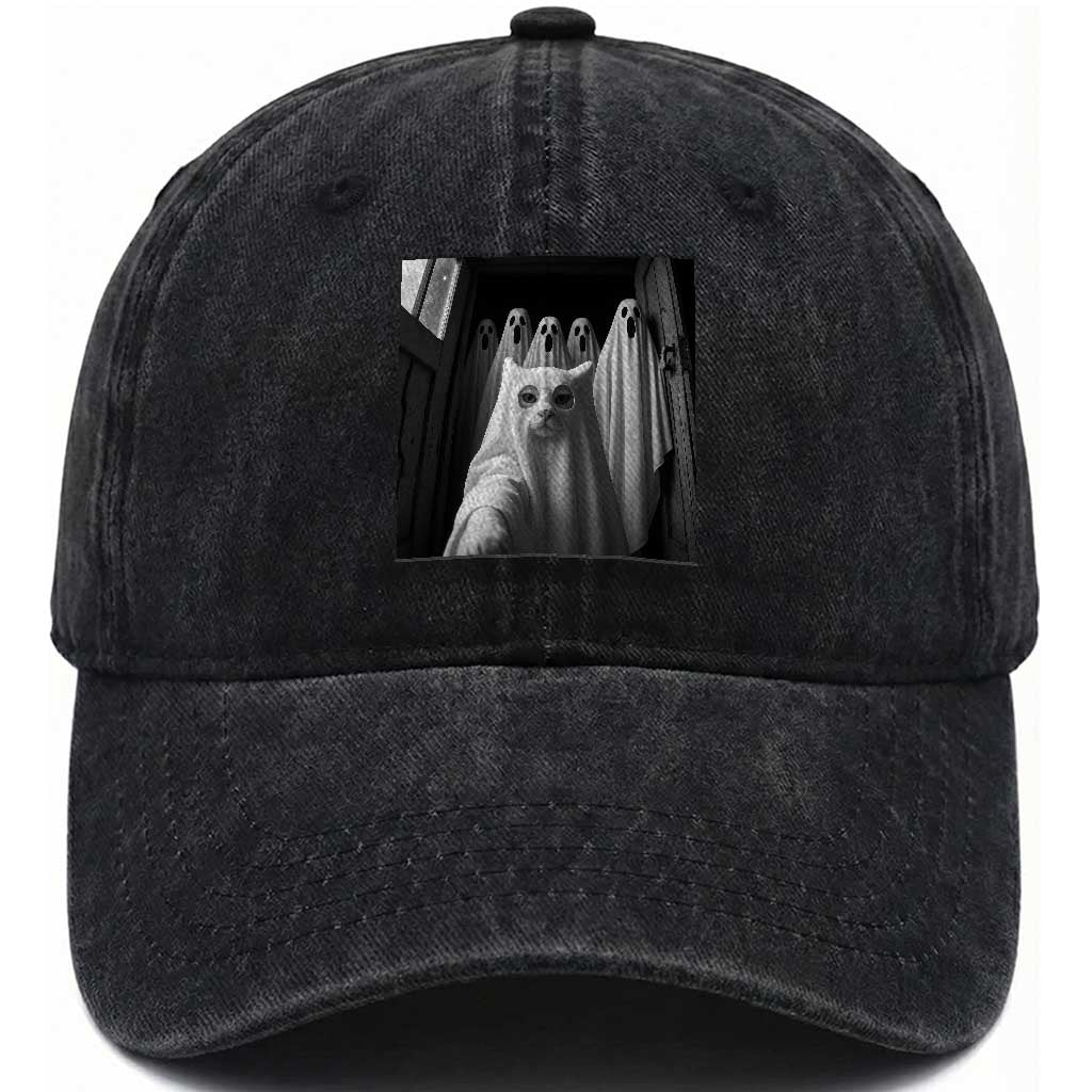 Funny Ghost Cat Halloween Meme Washed Cotton Baseball Cap