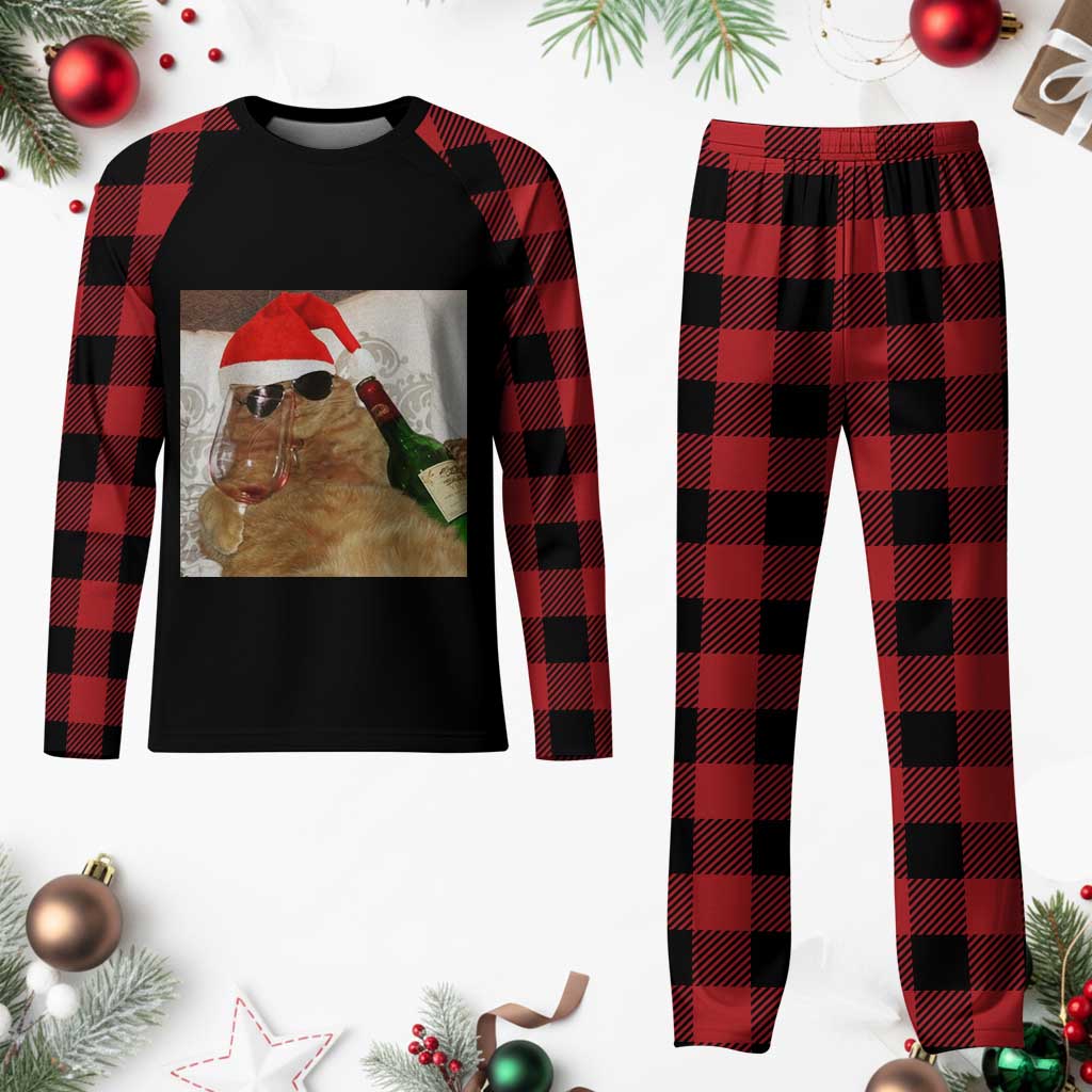 Funny Cat Drinking Wine Christmas Plaid Pajama Set - Wonder Print Shop