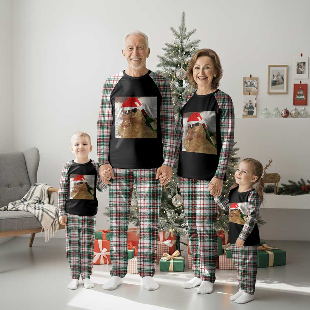 Funny Cat Drinking Wine Christmas Plaid Pajama Set - Wonder Print Shop