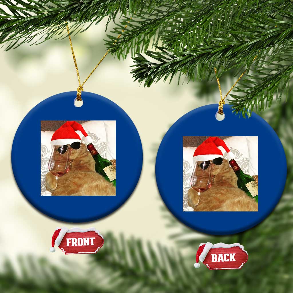 Funny Cat Drinking Wine Xmas Ceramic Ornament - Wonder Print Shop