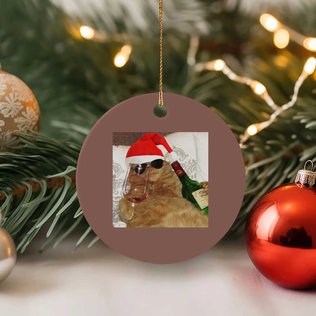 Funny Cat Drinking Wine Xmas Ceramic Ornament - Wonder Print Shop