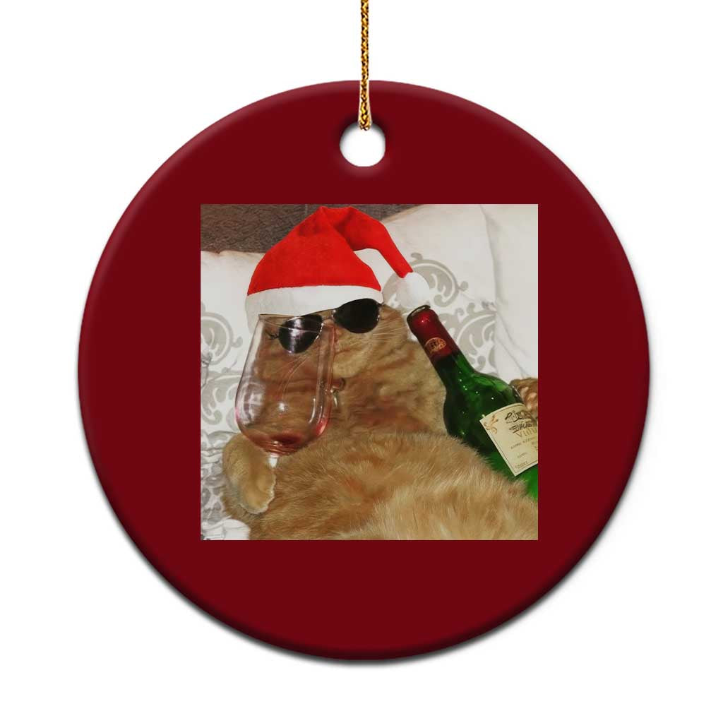 Funny Cat Drinking Wine Xmas Ceramic Ornament - Wonder Print Shop