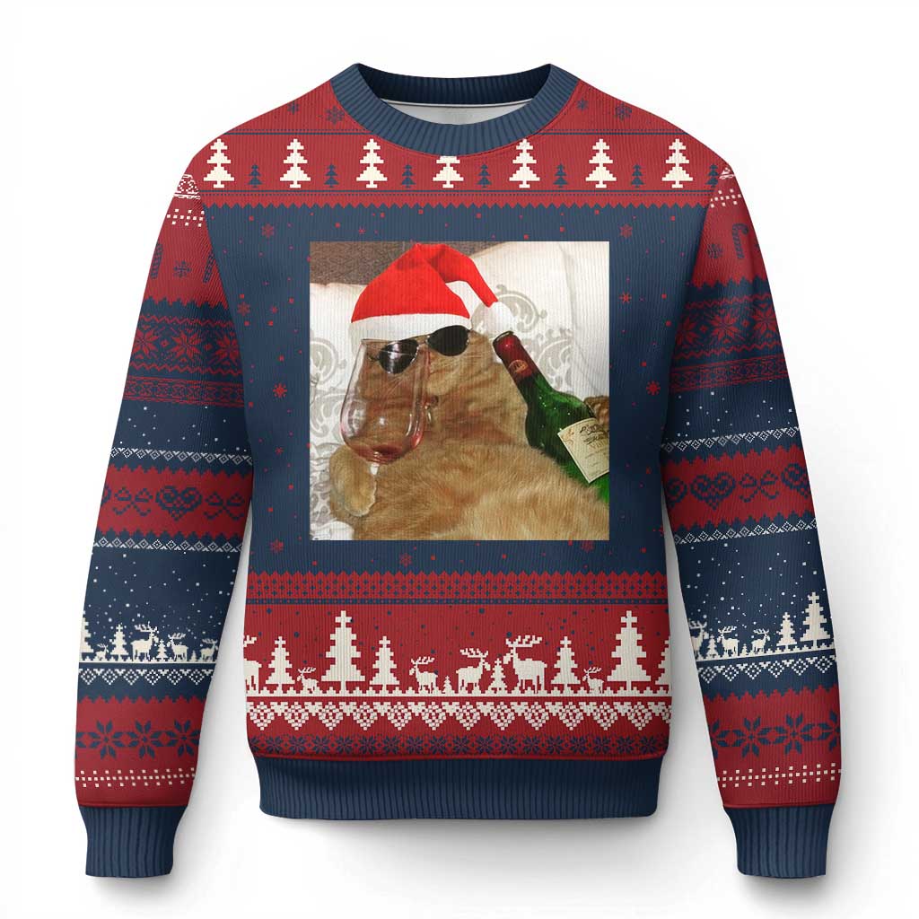 Funny Cat Drinking Wine Xmas Ugly Christmas Sweater - Wonder Print Shop