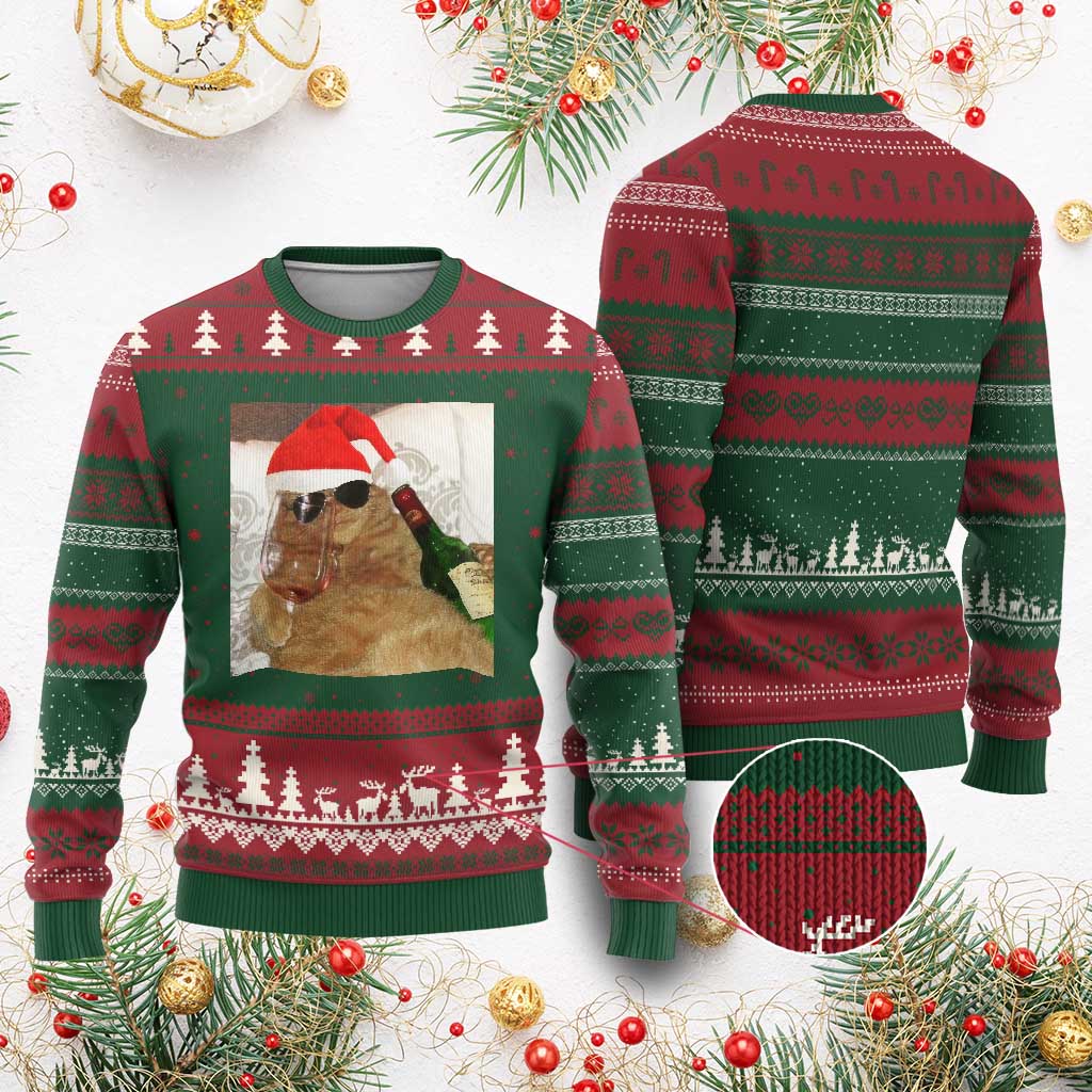 Funny Cat Drinking Wine Xmas Ugly Christmas Sweater - Wonder Print Shop