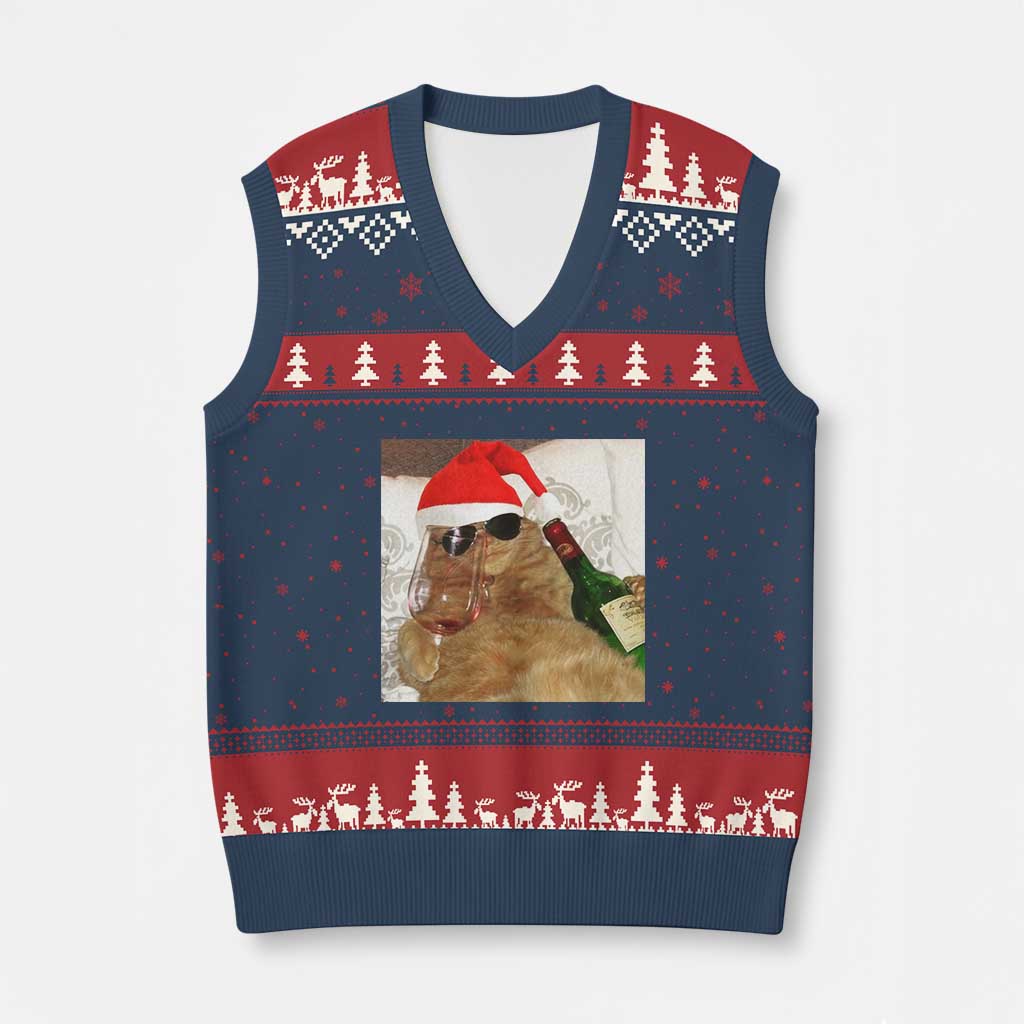 Funny Cat Drinking Wine Xmas V-Neck Knit Sweater Vest - Wonder Print Shop