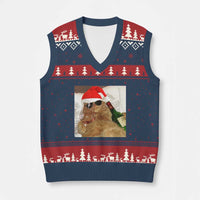 Funny Cat Drinking Wine Xmas V-Neck Knit Sweater Vest - Wonder Print Shop