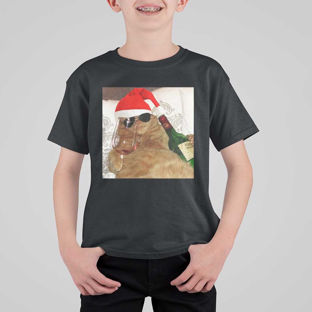 Funny Cat Drinking Wine Christmas T Shirt For Kid - Wonder Print Shop