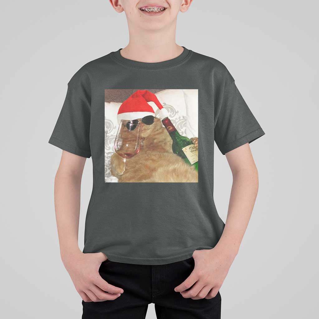 Funny Cat Drinking Wine Christmas T Shirt For Kid - Wonder Print Shop