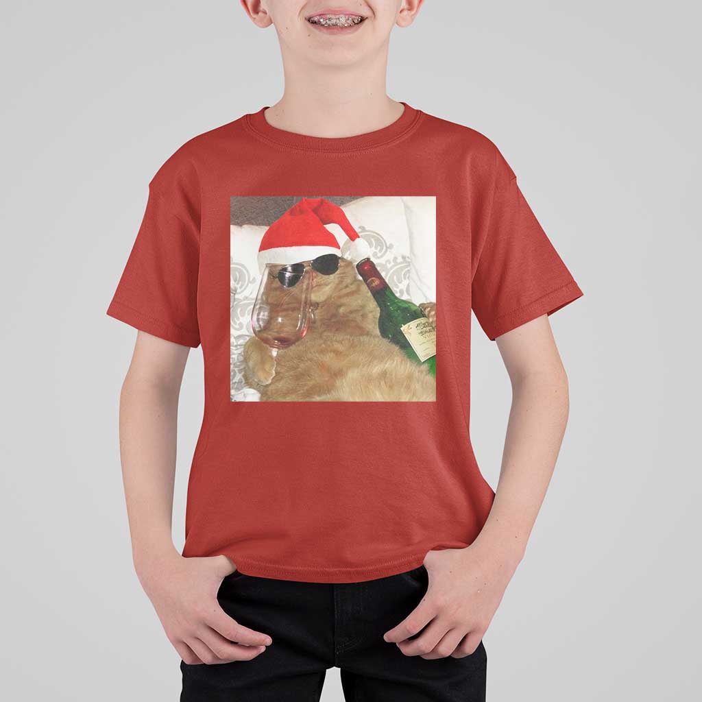Funny Cat Drinking Wine Christmas T Shirt For Kid - Wonder Print Shop