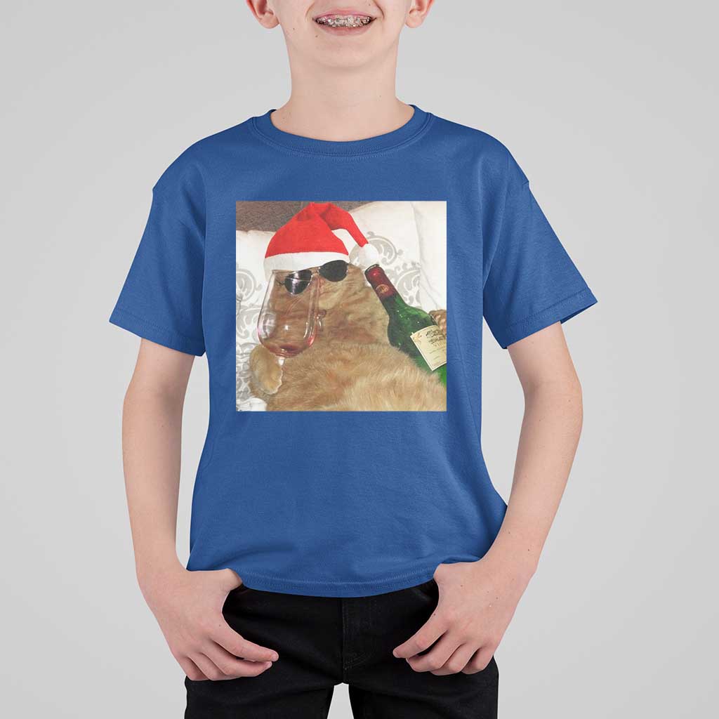 Funny Cat Drinking Wine Christmas T Shirt For Kid - Wonder Print Shop