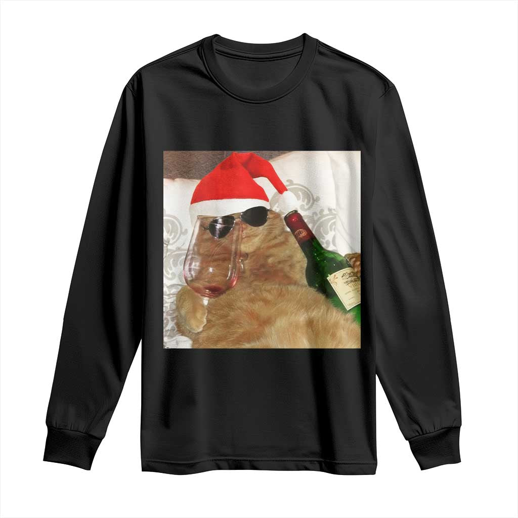 Funny Cat Drinking Wine Christmas Long Sleeve Shirt - Wonder Print Shop