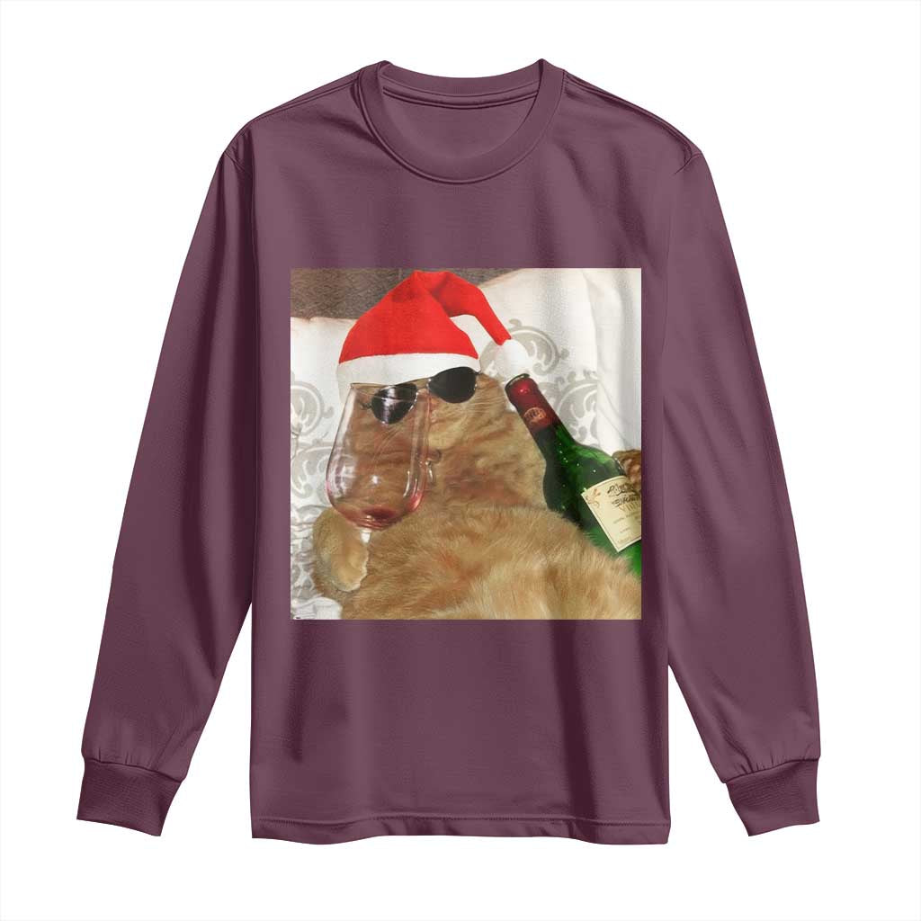 Funny Cat Drinking Wine Christmas Long Sleeve Shirt - Wonder Print Shop