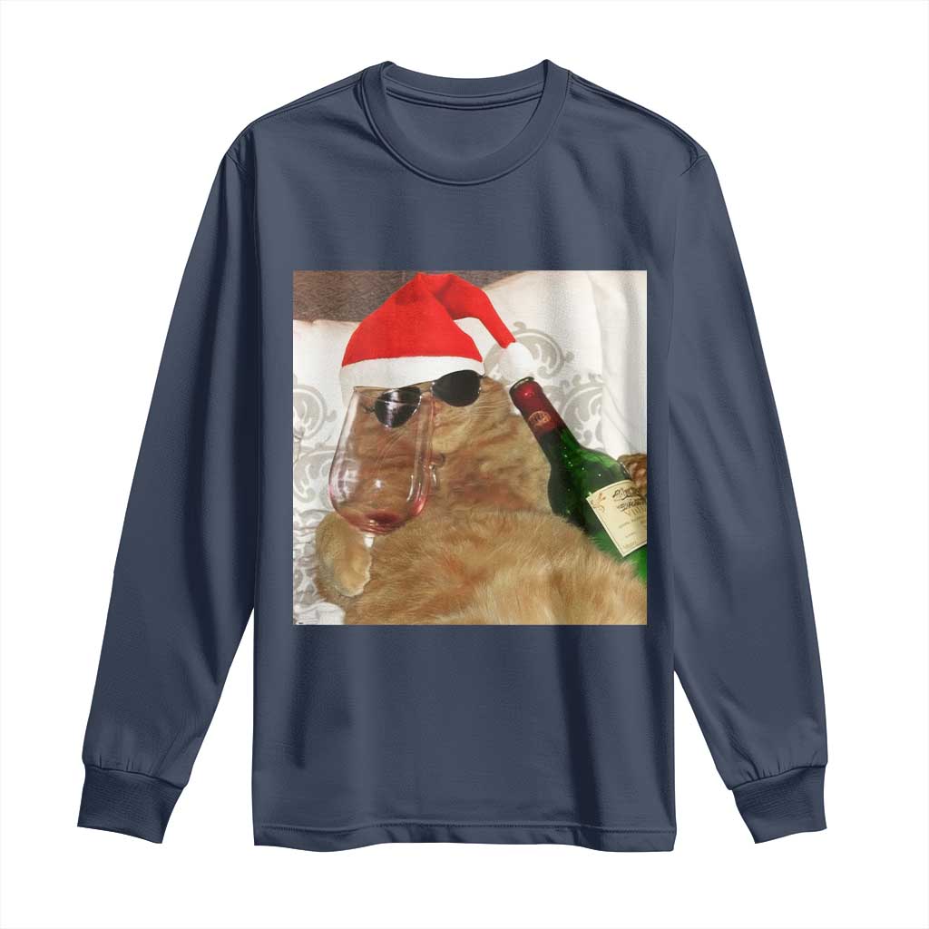 Funny Cat Drinking Wine Christmas Long Sleeve Shirt - Wonder Print Shop