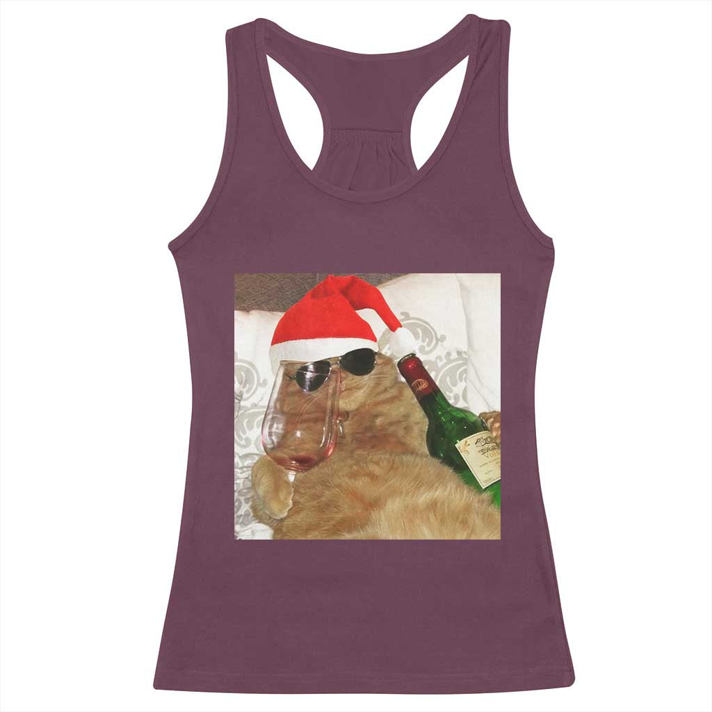 Funny Cat Drinking Wine Christmas Racerback Tank Top - Wonder Print Shop