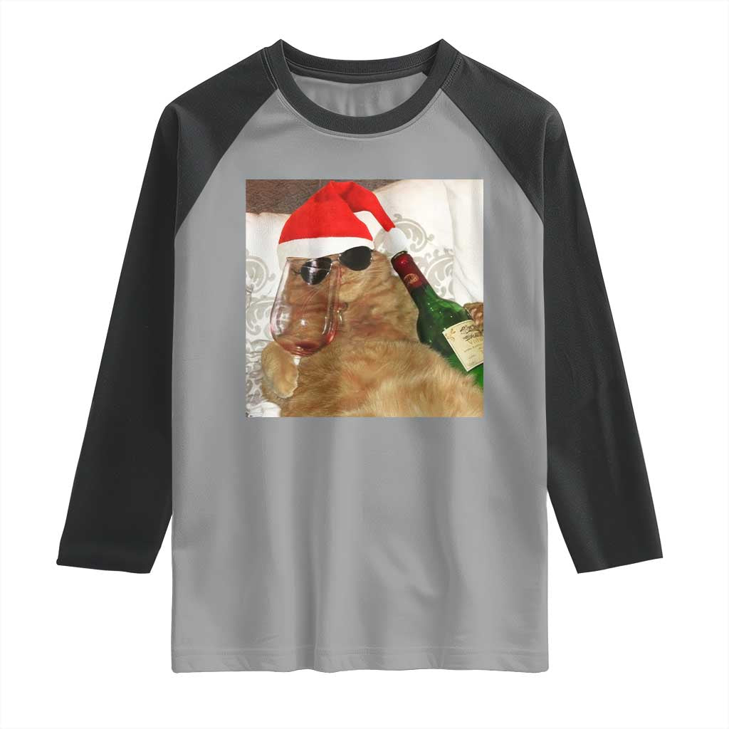 Funny Cat Drinking Wine Christmas Raglan Shirt - Wonder Print Shop
