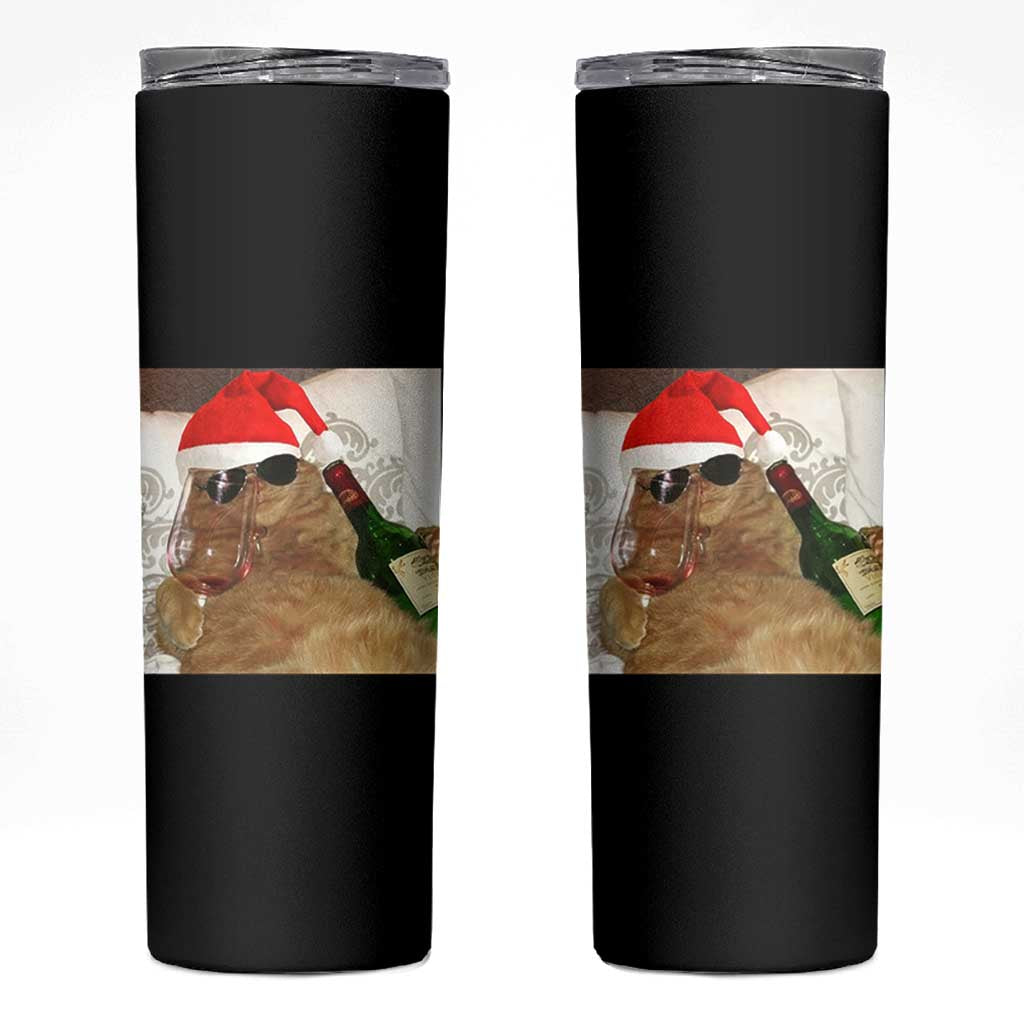 Funny Cat Drinking Wine Christmas Skinny Tumbler - Wonder Print Shop