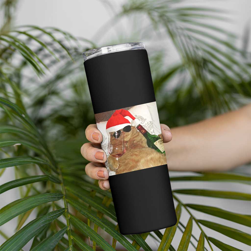 Funny Cat Drinking Wine Christmas Skinny Tumbler - Wonder Print Shop