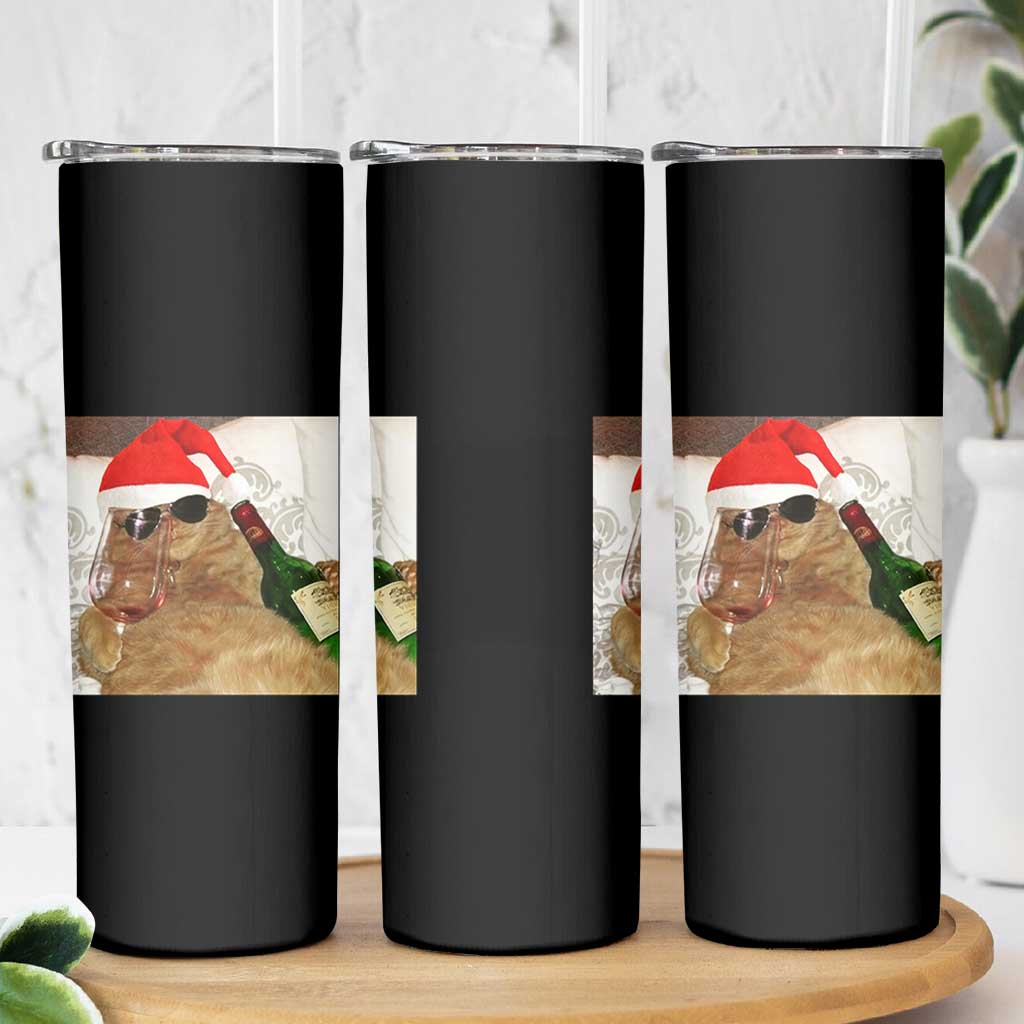 Funny Cat Drinking Wine Christmas Skinny Tumbler - Wonder Print Shop