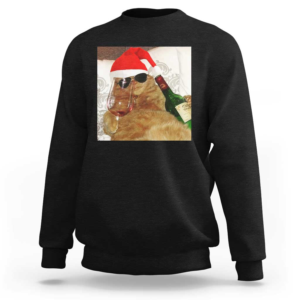 Funny Cat Drinking Wine Christmas Sweatshirt - Wonder Print Shop
