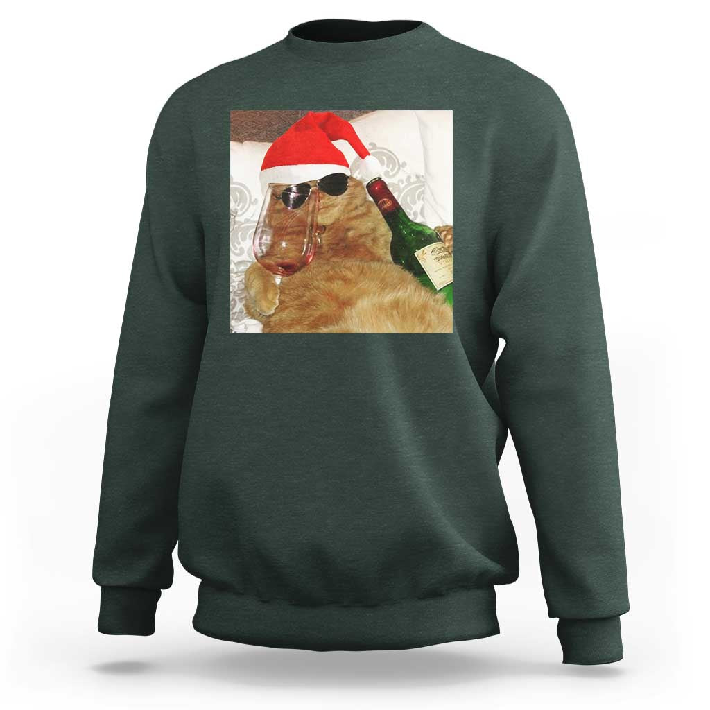 Funny Cat Drinking Wine Christmas Sweatshirt - Wonder Print Shop