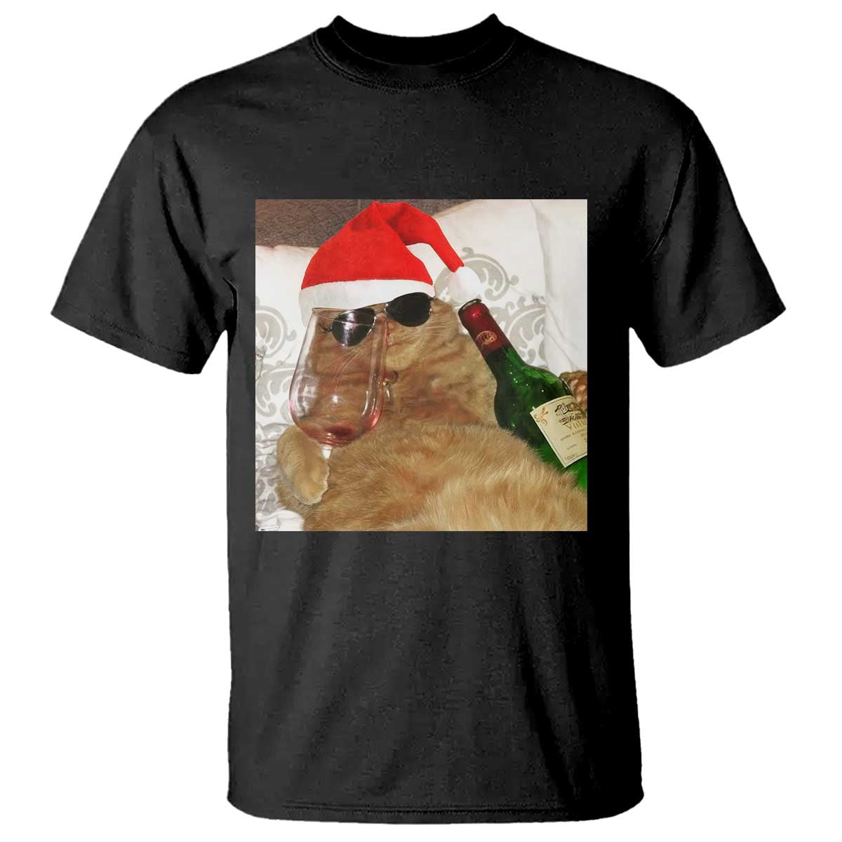 Funny Cat Drinking Wine Christmas T Shirt - Wonder Print Shop