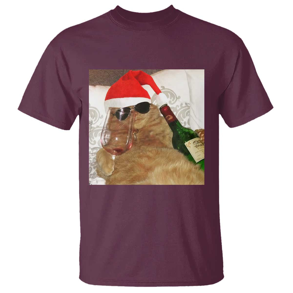 Funny Cat Drinking Wine Christmas T Shirt - Wonder Print Shop