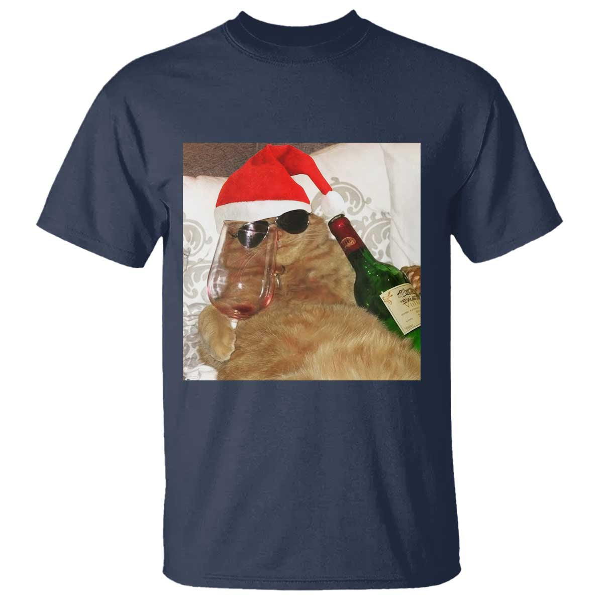 Funny Cat Drinking Wine Christmas T Shirt - Wonder Print Shop