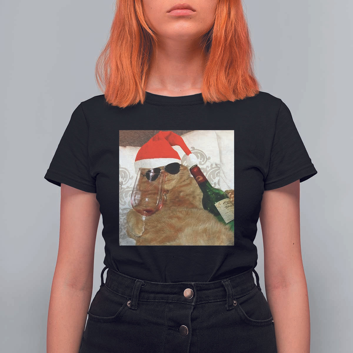 Funny Cat Drinking Wine Christmas T Shirt For Women - Wonder Print Shop