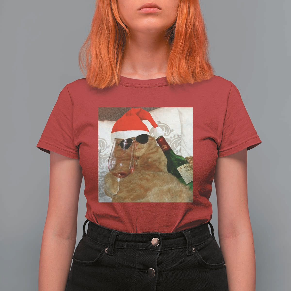 Funny Cat Drinking Wine Christmas T Shirt For Women - Wonder Print Shop