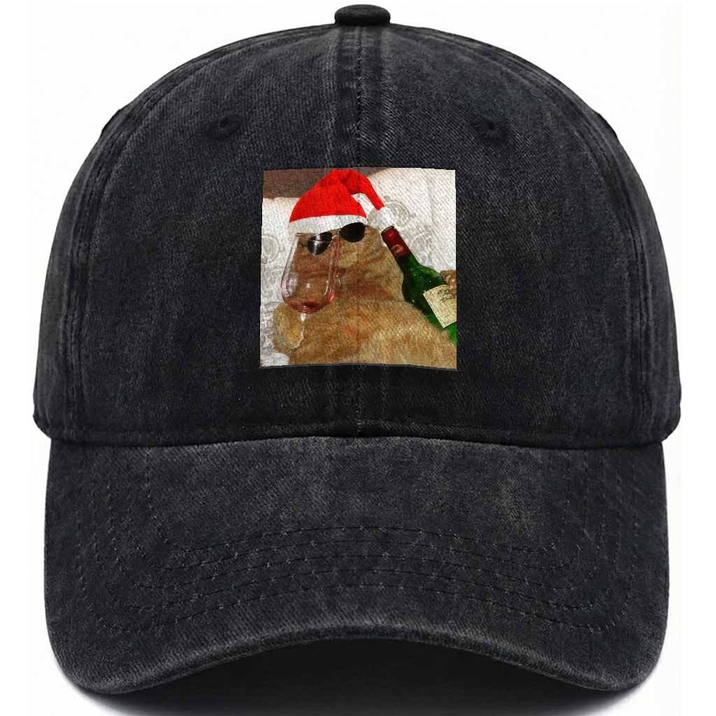 Funny Cat Drinking Wine Christmas Washed Cotton Baseball Cap
