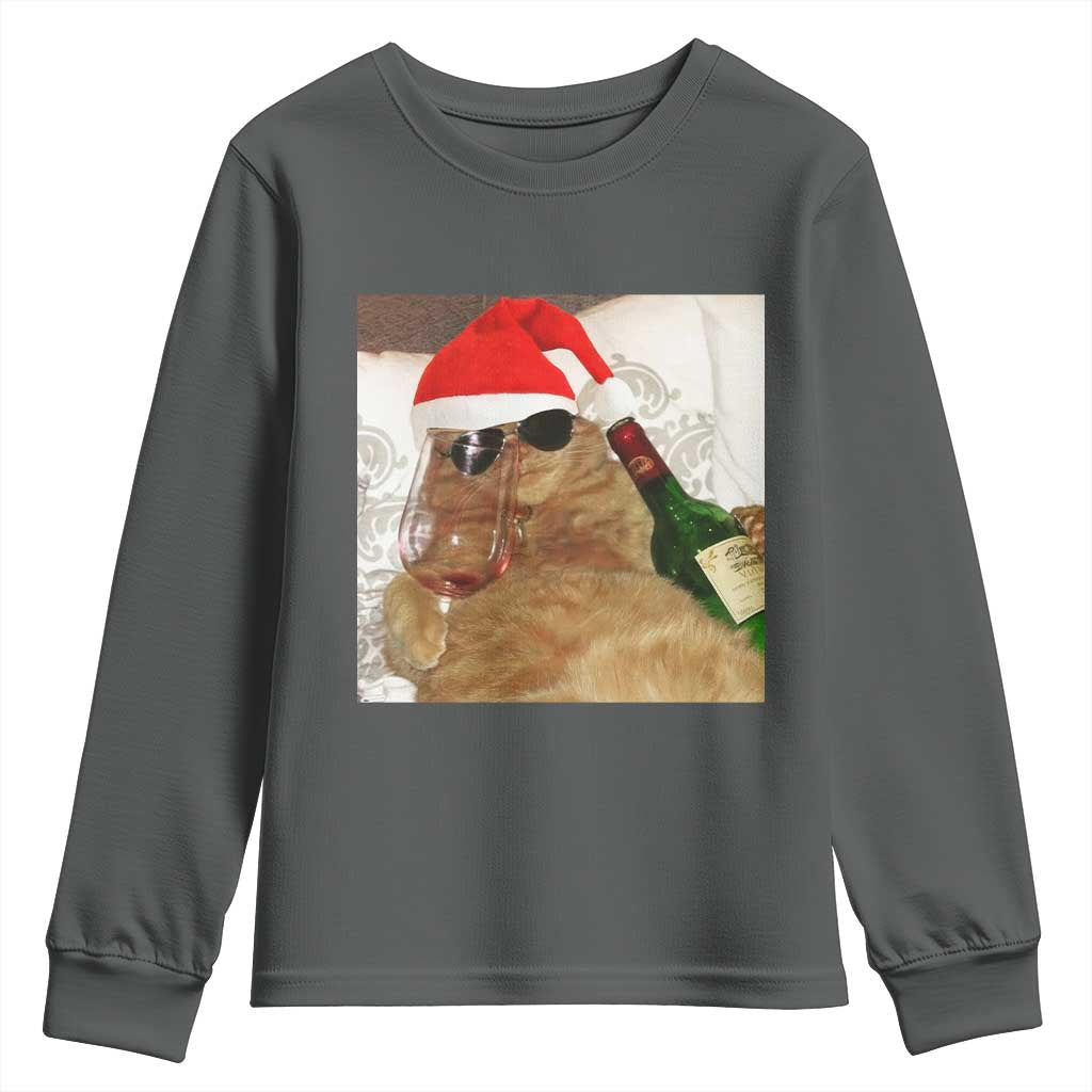 Funny Cat Drinking Wine Christmas Youth Sweatshirt - Wonder Print Shop
