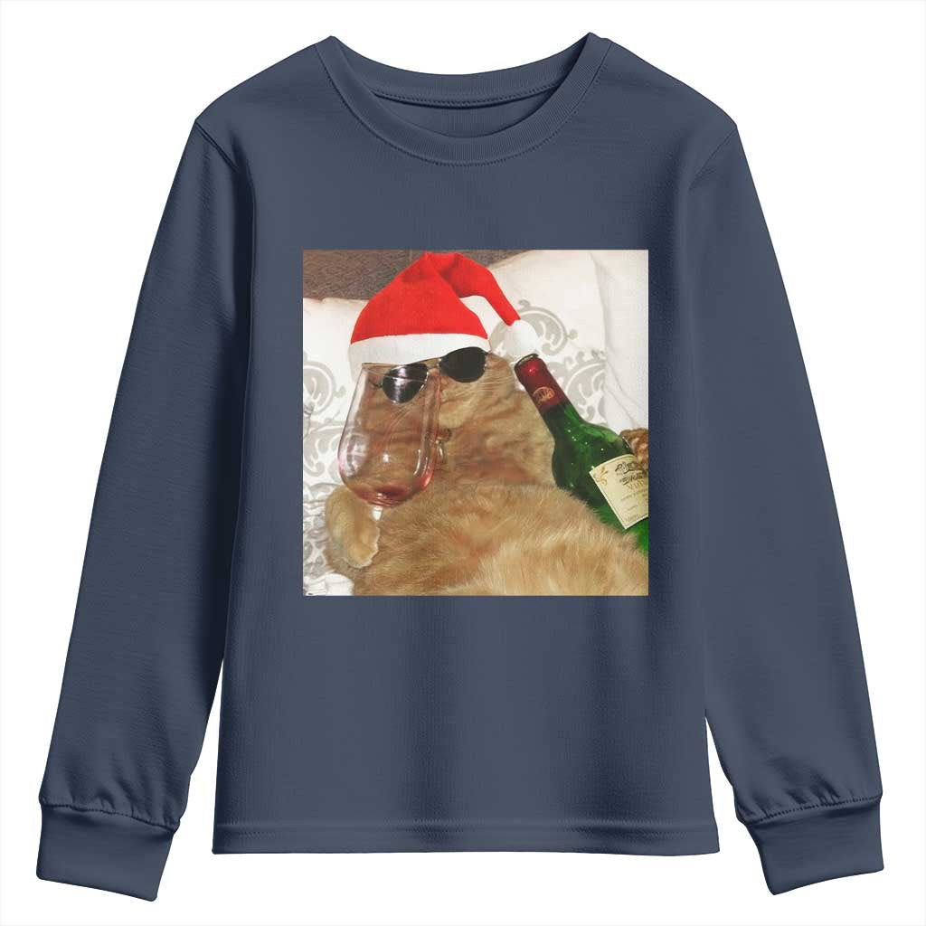 Funny Cat Drinking Wine Christmas Youth Sweatshirt - Wonder Print Shop