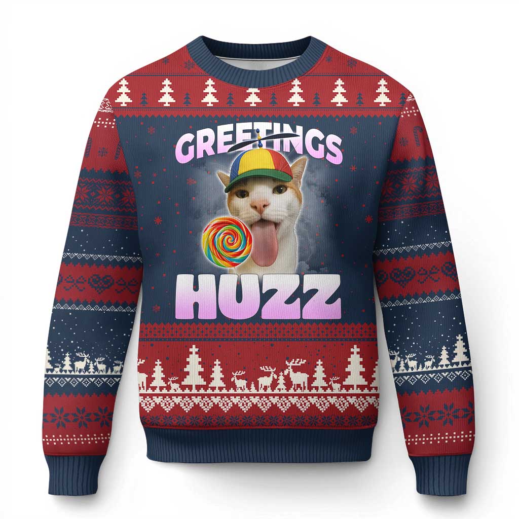 Funny Cat Meme Ugly Christmas Sweater Greetings Huzz - Wonder Print Shop