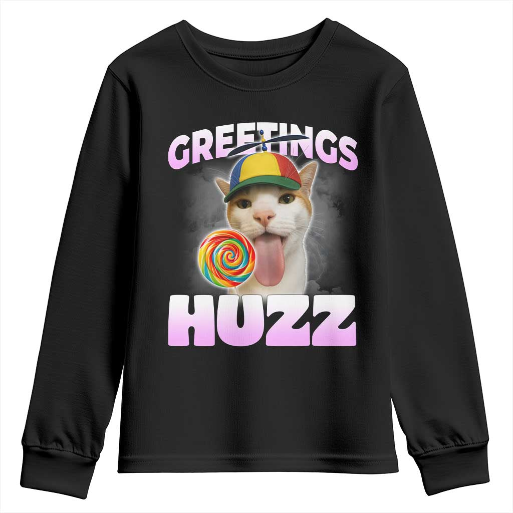 Funny Cat Meme Youth Sweatshirt Greetings Huzz - Wonder Print Shop