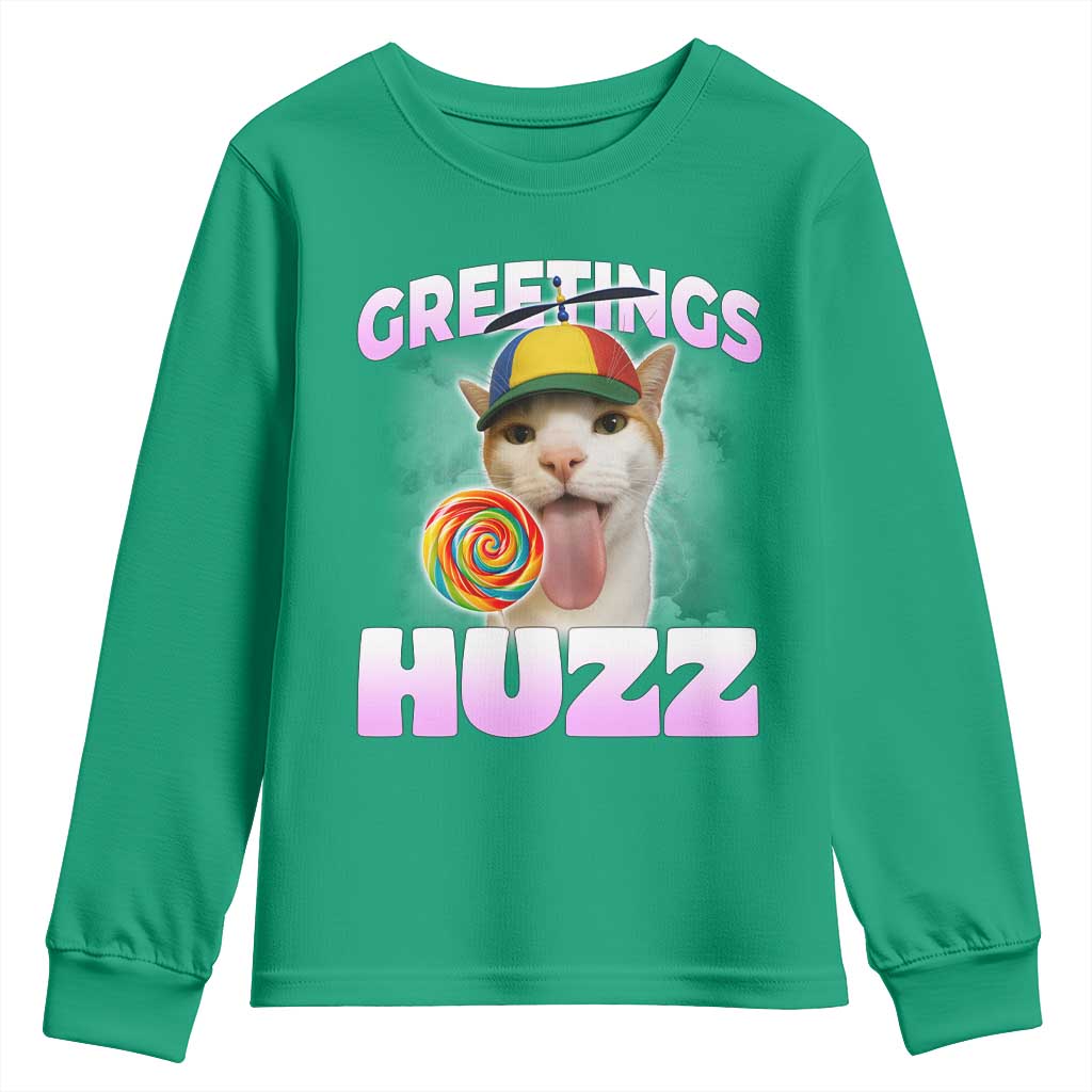 Funny Cat Meme Youth Sweatshirt Greetings Huzz - Wonder Print Shop