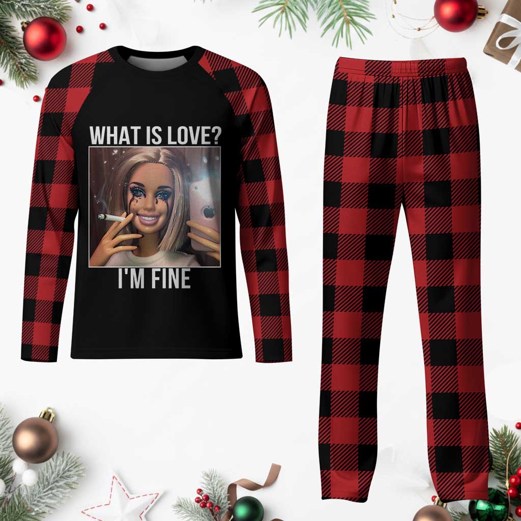 Doll Smoking Selfie Meme Plaid Pajama Set What Is Love I Am Fine - Wonder Print Shop