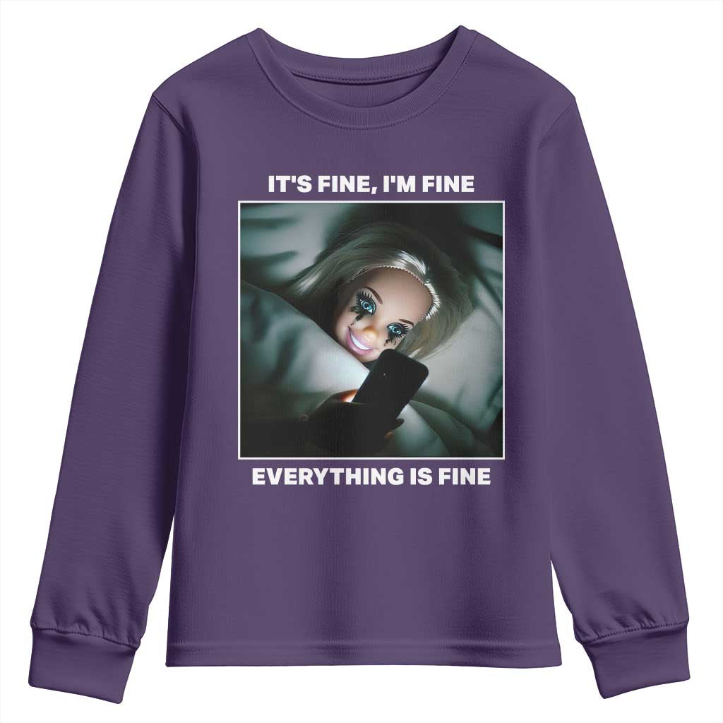 Funny Doll Face Meme Youth Sweatshirt It Is Fine I Am Fine Everything Is Fine - Wonder Print Shop